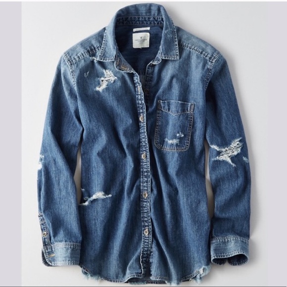 American Eagle Outfitters Tops - American Eagle Destroyed Denim Oversized Button Up